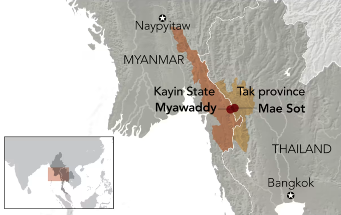 Vị trí Myawaddy ở bang Karen (màu cam đậm) tại Myanmar. Theo Nikkei