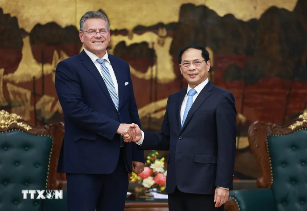 Phó Thủ tướng Bùi Thanh Sơn tiếp Cao ủy Thương mại và An ninh kinh tế Liên minh châu Âu (EU), Maros Sefcovic. Ảnh: Dương Giang/TTXVN Cao ủy Châu Âu: Đã đến lúc nâng cấp quan hệ Việt Nam – EU lên Đối tác Chiến lược Toàn diện