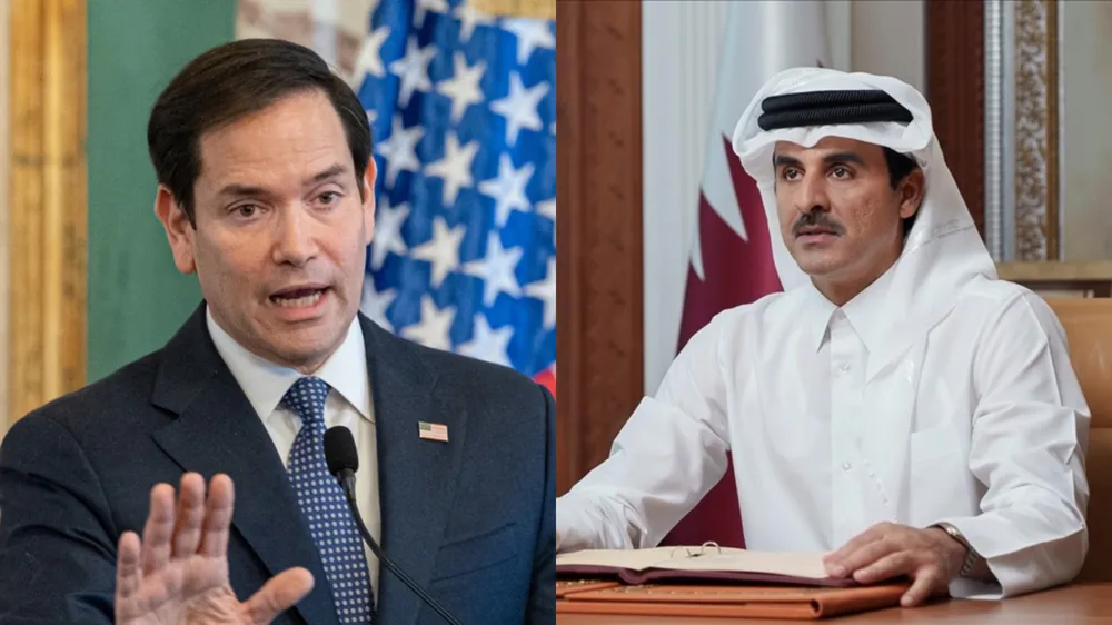 Quốc vương Qatar - ông Sheikh Tamim bin Hamad Al Thani (phải) và Ngoại trưởng Mỹ Marco Rubio. Ảnh: ANADOLU AGENCY/BỘ NGOẠI GIAO MỸ Qatar thảo luận về hợp tác quốc phòng với Mỹ sau cuộc không kích của Israel