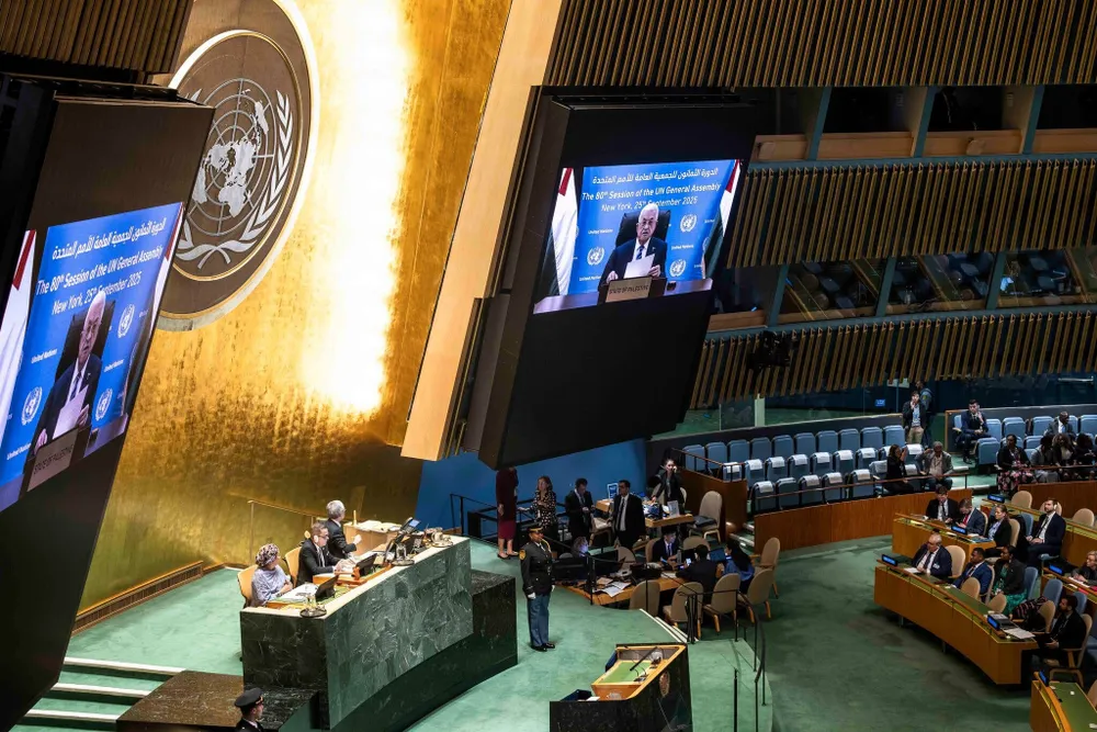Tổng thống Palestine - ông Mahmoud Abbas phát biểu tại Đại hội đồng Liên Hợp Quốc ngày 25-9. Ảnh: THE NEW YORK TIMES Tổng thống Palestine - ông Mahmoud Abbas