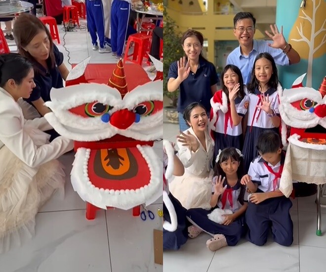 Vân Trang tự tay trang trí đầu lân, hưởng ứng dịp Tết Trung thu ở trường của con gái.