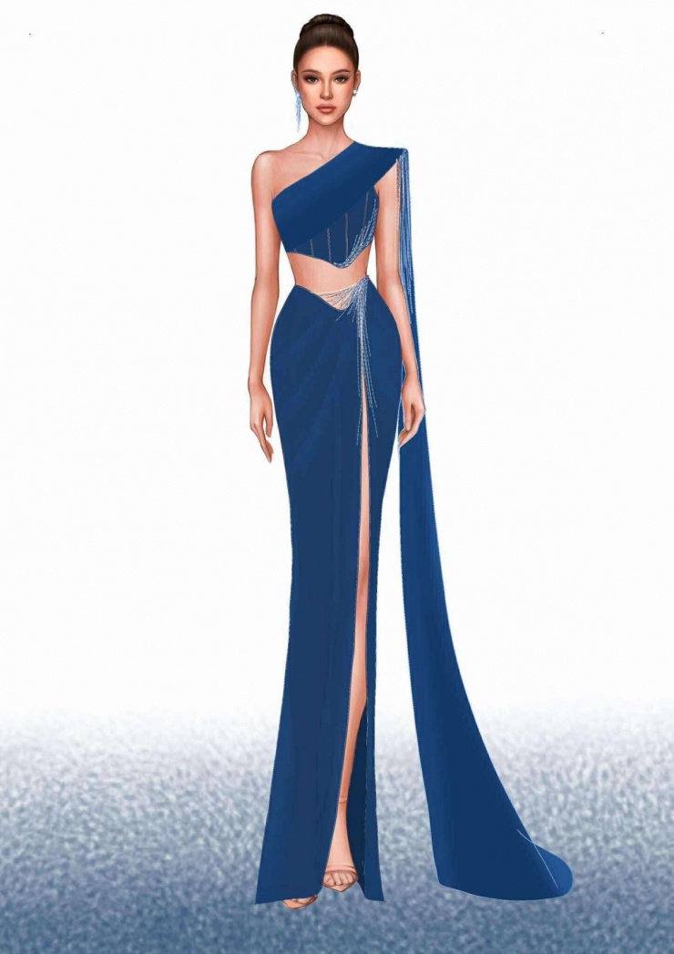 Sau khi đến Thái Lan cô sẽ thay một trang phục khác, đến từ NTK Khang Trịnh. Mẫu váy lấy cảm hứng từ trang phục truyền thống Thái Lan, được kỳ vọng giúp cô ghi dấu ấn với truyền thông nước bạn ngay lần đầu.