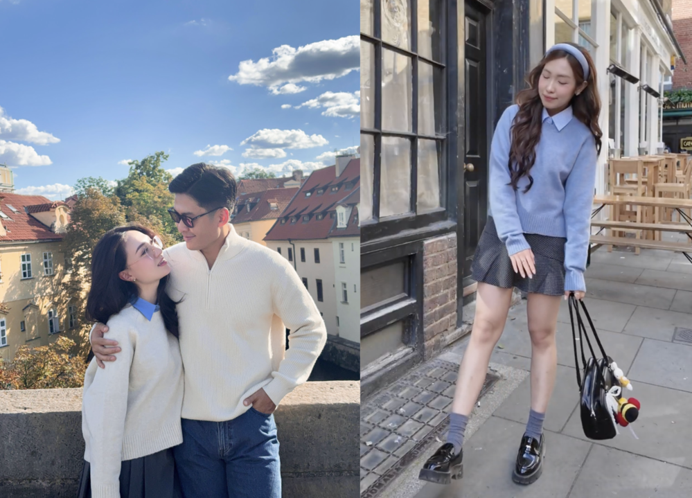  
Cùng layer áo len sợi souffle cổ tròn với sơmi, nếu Hạnh Chip phối combo màu kinh điển trắng - xanh rất tiểu thư và ngọt ngào, thì cô nàng Linh Sim lại phối áo và phụ kiện cùng tông màu, diện cùng chân váy ngắn dáng loe.