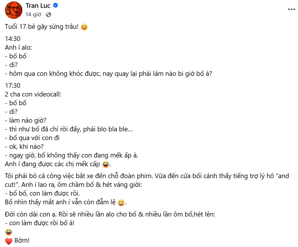 Trần Lực kể chuyện con trai gọi điện cầu cứu bố khiến nhiều người xúc động.