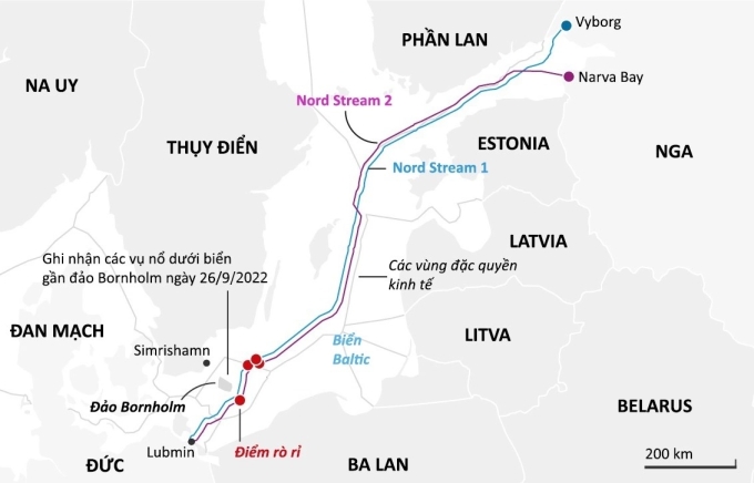 Vị trí các vụ nổ trên đường ống Nord Stream 1 và Nord Stream 2 vào tháng 9/2022. Đồ họa: Guardian