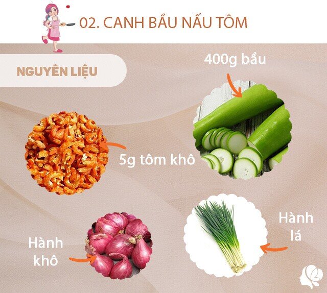 Chuẩn bị: 400g bầu, 5g tôm khô, hành lá, hành khô.
