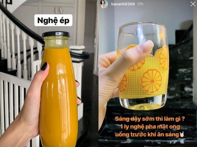 Không chỉ Thiều Bảo Trâm, ca sĩ Bảo Anh cũng có thói quen uống tinh bột nghệ pha mật ong mỗi sáng. Khác với hai đàn em, Tăng Thanh Hà lại chọn uống nghệ ép.