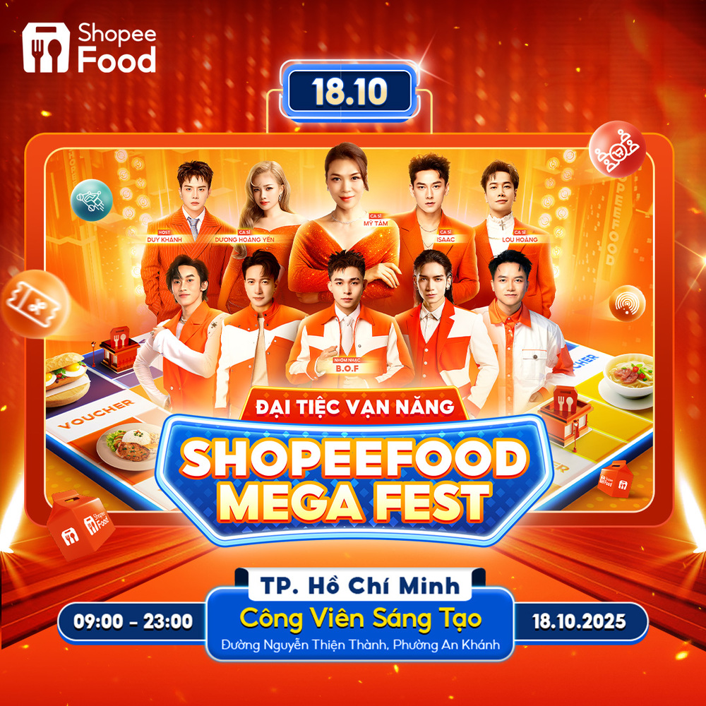  
Những thương hiệu ẩm thực nổi tiếng, hoạt động giải trí đặc sắc và dàn nghệ sĩ nổi tiếng sẽ cùng hội tụ tại “Đại Tiệc Vạn Năng - ShopeeFood Mega Fest".