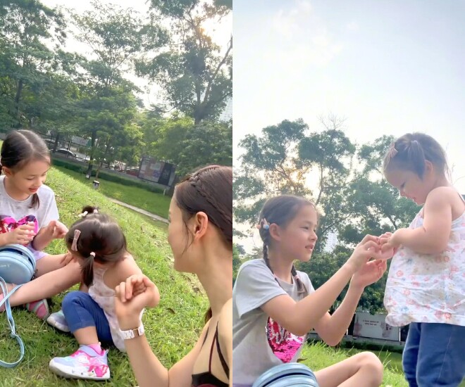 Nữ diễn viên hạnh phúc khi con gái lớn biết phụ mẹ chăm sóc em gái.