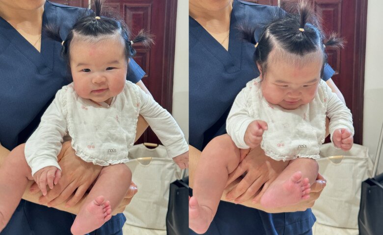 Cháu ngoại Xuân Hinh có biểu cảm đáng yêu, được nhận xét trông giống hệt ông ngoại và bố.