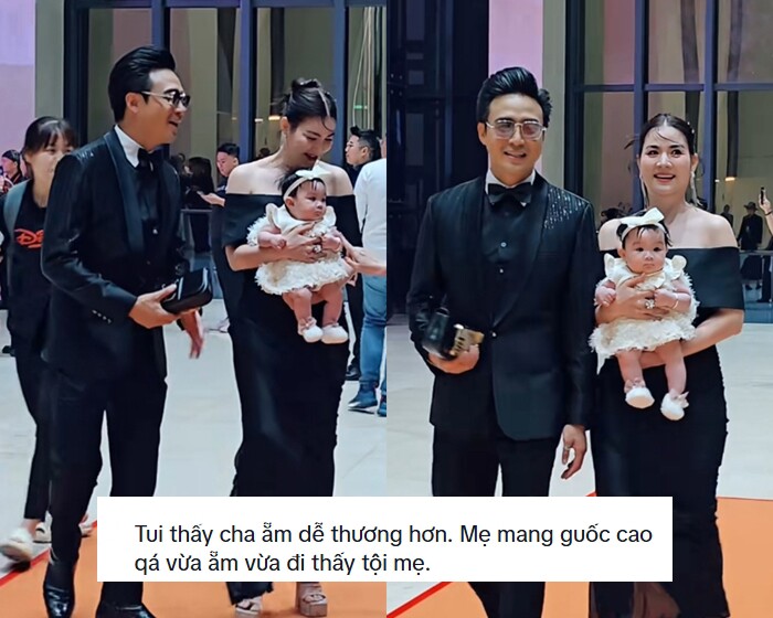 Thanh Duy bị góp ý khi để vợ bồng con khi đang mang giày cao gót.