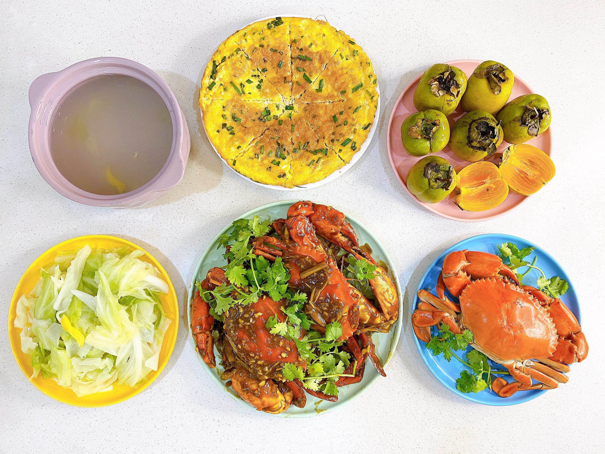 Cua rang me - Cua hấp - Trứng tráng thịt - Bắp cải luộc - Hồng da tre