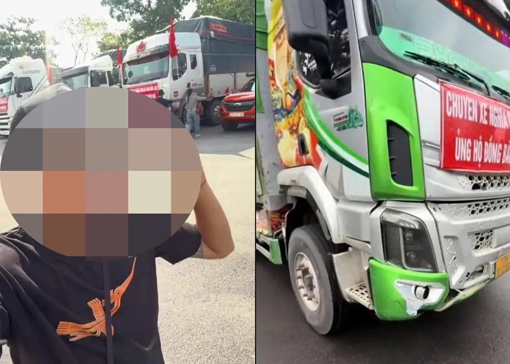 Hình ảnh xe đoàn cứu trợ từ Đắk Lắk ra các tỉnh phía Bắc được đăng tải trên mạng xã hội. 6 Xôn xao vụ xe đoàn cứu trợ va chạm ô tô con, bị báo giá sửa gần 100 triệu đồng -.jpg