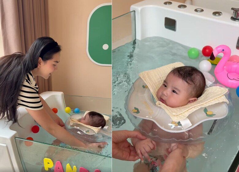 Nữ MC cho “tiểu thiếu gia” tập bơi giúp kích thích phát triển chiều cao và trí não.