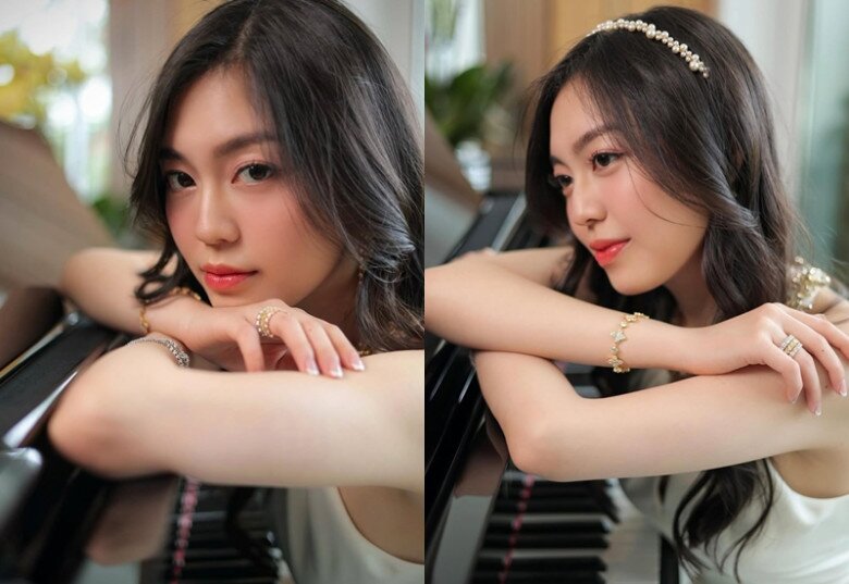 Khánh Linh gây ấn tượng với đôi mắt to tròn, gương mặt thanh tú và làn da láng mịn.