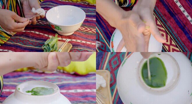 Từ lá usma tươi, chỉ cần vò nát để ép lấy nước là đã có thể sử dụng trực tiếp.