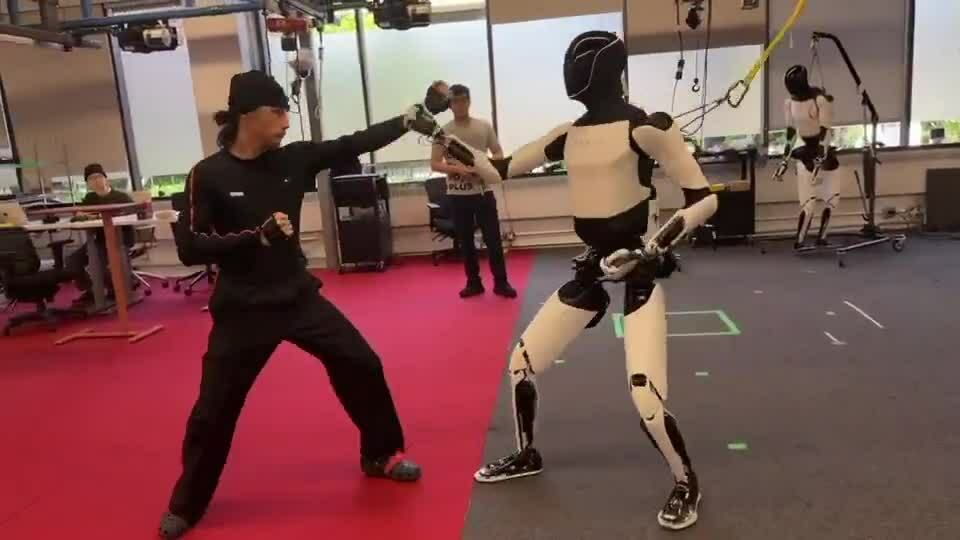Robot hình người Tesla đấu võ với người thật