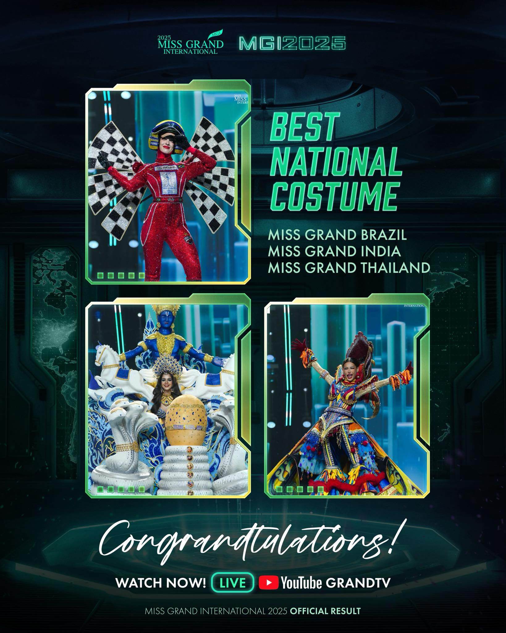 3 người đẹp giành giải Trang phục dân tộc là Miss Grand Brazil, Ấn Độ, Thái Lan.