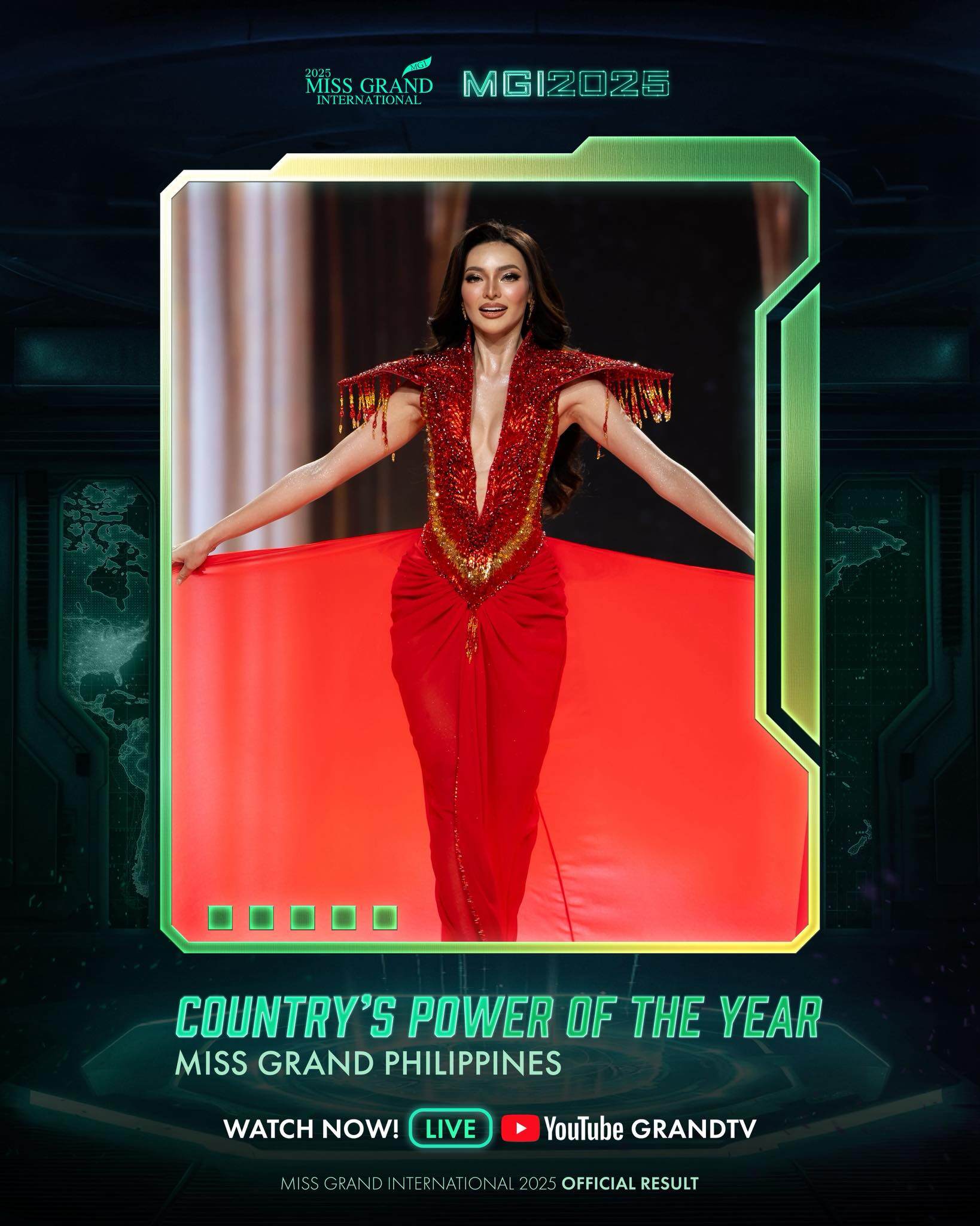 Miss Grand Philippines đạt giải Countrys power of the year đây cũng là giải thưởng giúp đại diện nước này lọt thẳng vào top 20. 