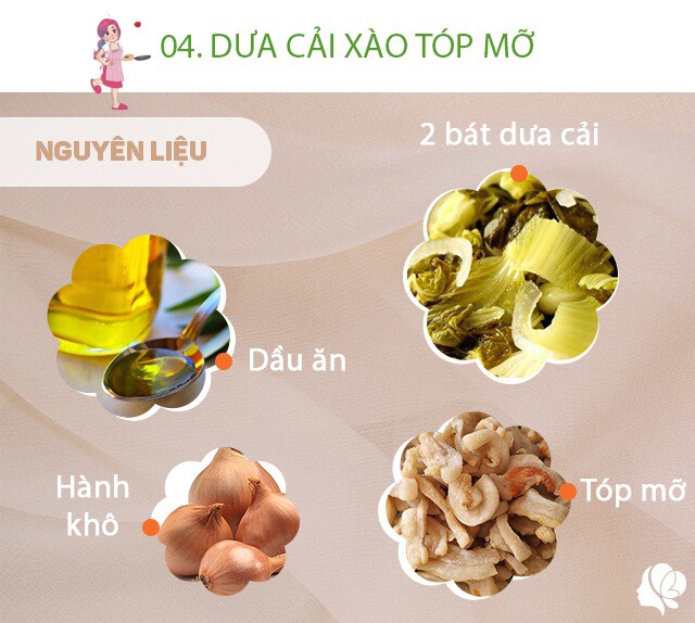 Chuẩn bị: 2 bát con dưa chua; 1 quả cà chua; 1 củ hành khô; 1 bát mỡ heo; 2 nhánh hành lá - Gia vị: nước mắm, bột nêm, xíu muối
