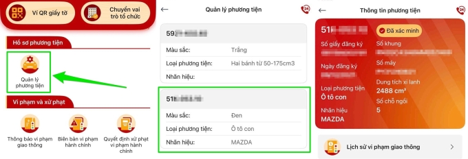 Thông tin về phương tiện có thể được tra cứu dễ dàng trong ứng dụng VNeTraffic ở mục Quản lý phương tiện. Ảnh chụp màn hình
