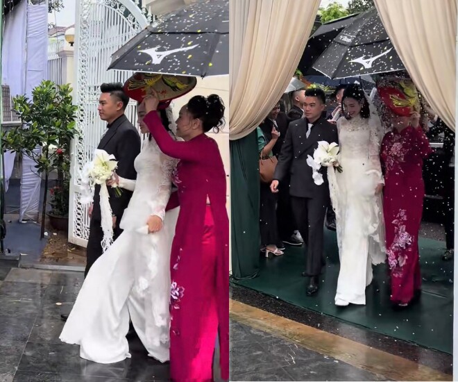 Đoàn xe đưa dâu vượt cơn mưa có mặt tại quê nhà chú rể.