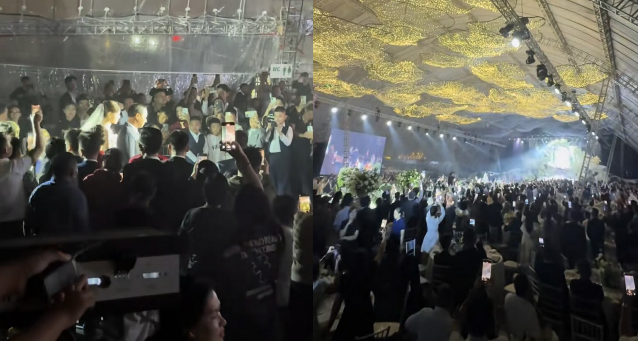 Hàng nghìn khách mời đội mưa đến dự hôn lễ của cặp đôi.