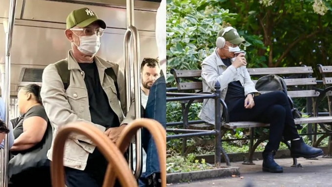 Diễn viên trong chuyến tàu đầu tháng 10, uống cà phê bên đường sau khi xuống ga. Ảnh: Backgrid