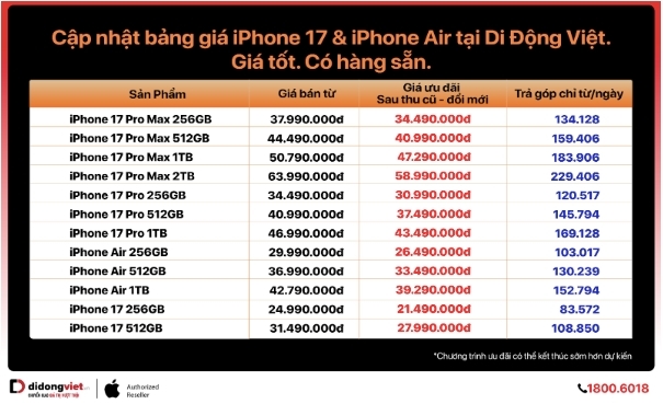  
Bảng giá iPhone 17, iPhone Air mới nhất tại Di Động Việt. - Tin sao Viet - Tin tuc sao Viet - Scandal sao Viet - Tin tuc cua Sao - Tin cua Sao