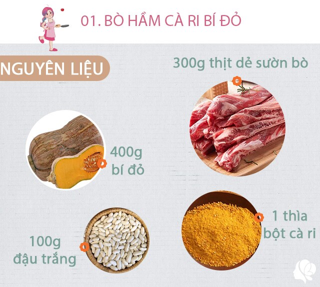 Chuẩn bị: Thịt bò: 300g thịt dẻ sườn - bí đỏ: 400g - hành lá: 2 nhánh - dầu ăn: 1 muỗng canh - nước mắm: 1/2 muỗng canh - giấm: 1 ít - gia vị: hạt nêm, đường - 1 thìa bột cà ri - Tỏi, gừng - rau mùi.