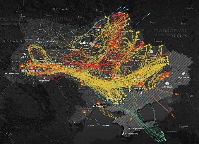 Đường bay của tên lửa, UAV Nga trong trận tập kích rạng sáng 30/10. Đồ họa: X/Monitoring War