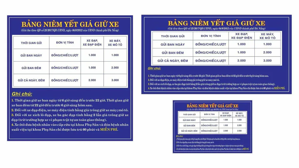 Bảng giá giữ xe mới niêm yết sáng nay ở Bệnh viện Đa khoa Quảng Nam đối với xe đạp, xe đạp điện và xe máy. Ảnh: TN