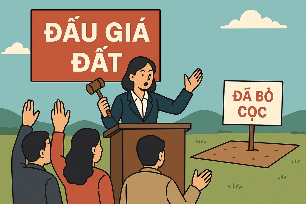 Có tình trạng người tham gia đấu đất trả giá cao bất thường rồi “bỏ cọc”. Ảnh: Minh họa bỏ cọc đấu giá đất.png
