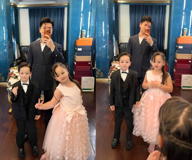 Bé Gấu và Thỏ - 2 con của Đỗ Quang Vinh diện áo quần lung linh.