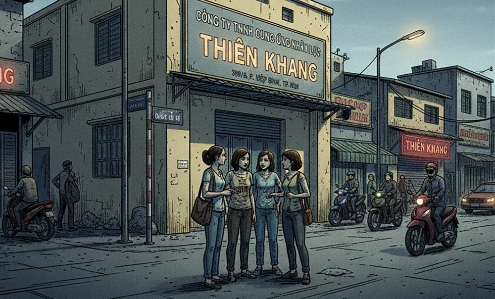 Khoảng tháng 5-2025, một số nạn nhân (đều là nữ giới) đến Công ty TNHH Cung ứng nhân lực Thiên Khang (TP.HCM) để tìm kiếm việc làm và trở thành bị hại trong vụ án mua bán người. Ảnh: AI Công an tỉnh An Giang tìm bị hại trong vụ án mua bán người