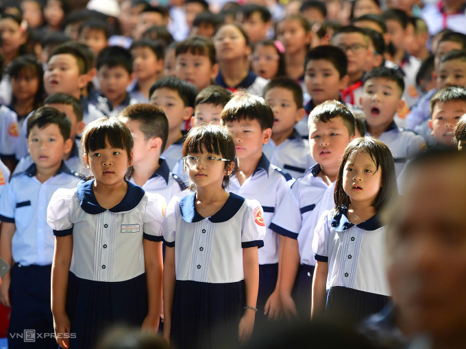 Học sinh trường Tiểu học Nguyễn Bỉnh Khiêm, phường Sài Gòn, TP HCM, ngày 5/9. Ảnh: Thanh Tùng