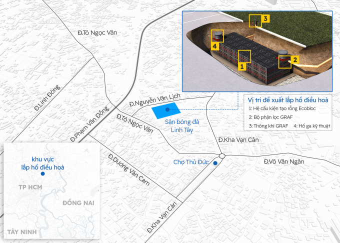 Vị trí đề xuất làm hồ điều tiết ngầm để giảm ngập cho khu vực Thủ Đức. Đồ hoạ: Khánh Hoàng