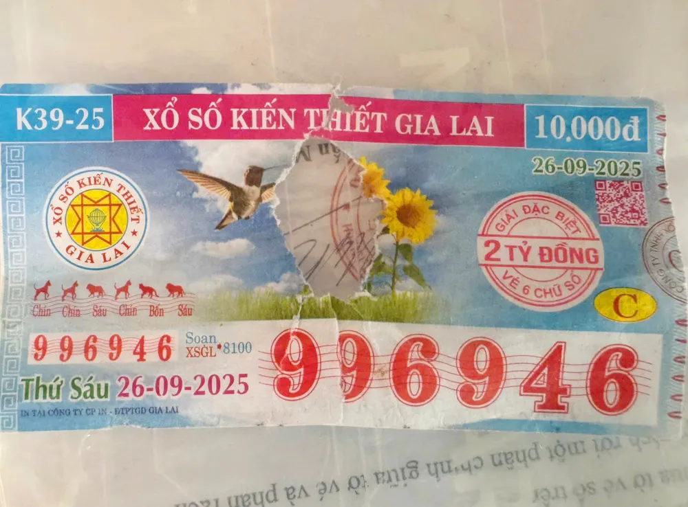 Tờ vé số trúng giải đặc biệt bị rách, mất một phần. Ảnh: NY. Vé số trúng thưởng bị rách