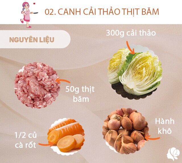 Hôm nay nấu gì: Cơm tối chỉ 3 món nhưng cực ngon 5 Chuẩn bị: 300g cải thảo, 50g thịt băm, hành khô, 1/2 củ cà rốt.