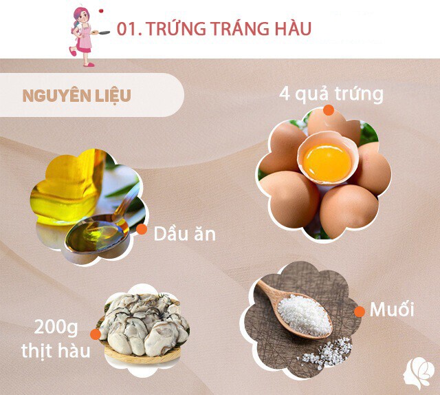 Chuẩn bị: 4 quả trứng gà, 200g thịt hàu, muối vừa ăn, hành lá thái nhỏ, dầu ăn, một ít lá lốt.