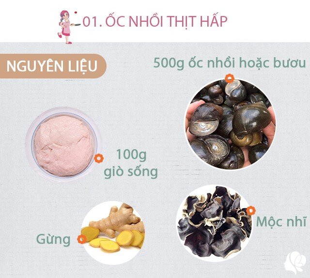 Chuẩn bị: 500g ốc nhồi hoặc bươu, 100g giò sống, vài cánh mộc nhĩ, gừng, bột canh, lá chanh, vài củ sả, lá gừng.