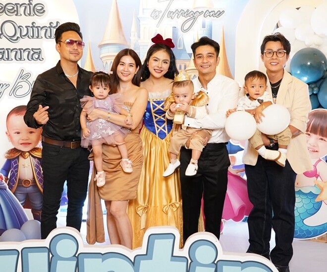 Vợ chồng Kha Ly (bên trái) và con gái đến mừng sinh nhật quý tử nhà Vân Trang.
