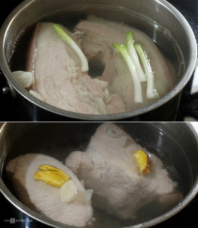 Làm sao biết thịt luộc đã chín? 1 Thịt ba chỉ nổi nhanh hơn thịt nạc. Ảnh minh họa: Bùi Thủy