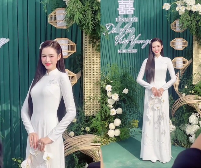 Hoa hậu Đỗ Thị Hà diện áo dài trắng đơn giản, chờ chồng thiếu gia đến rước về dinh.