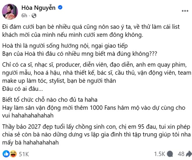 Hòa Minzy bất ngờ lên tiếng về chuyện muốn tổ chức đám cưới.