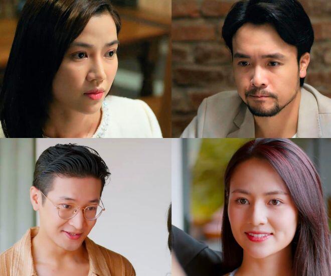 Việt Hoa (dưới) và Anh Đào (trên) đều rơi vào tình huống tréo nghoe khi chạm mặt chồng trên màn ảnh.