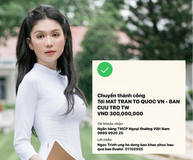 Ngọc Trinh chuyển 300 triệu vào tài khoản của UBTW Mặt trận Tổ quốc, khẳng định "không còn đếm tuổi bằng ồn ào" 1 Ngọc Trinh góp 300 triệu đồng ủng hộ đồng bào khắc phục hậu quả bão Bualoi.