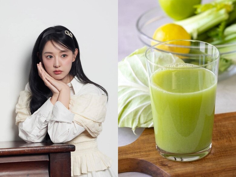 Kim Ji Won có làn da mịn màng, căng bóng và gần như không thấy lỗ chân lông nhờ uống nước ép bắp cải mỗi ngày.