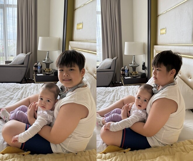 Con trai Nhật Kim Anh trưởng thành, chững chạc giúp mẹ chăm em gái nhỏ.