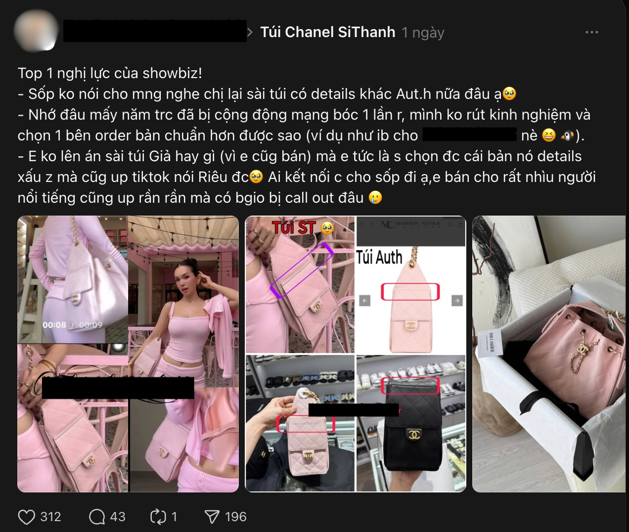 Sĩ Thanh bị shop bán hàng nhái tố dùng túi Chanel 